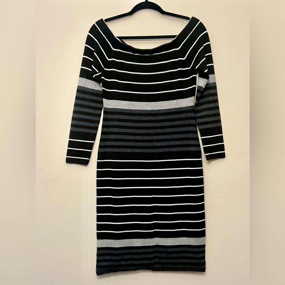 Eliza J Sweater Dress Medium Black White And Gray Striped Boat Neck
